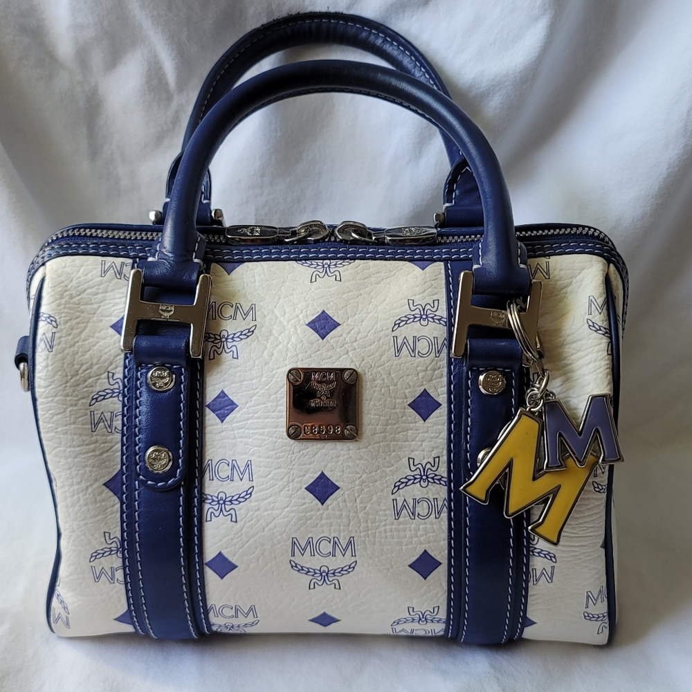 Blue & white MCM Visetos charm Boston Satchel with long crossbody strap & COA